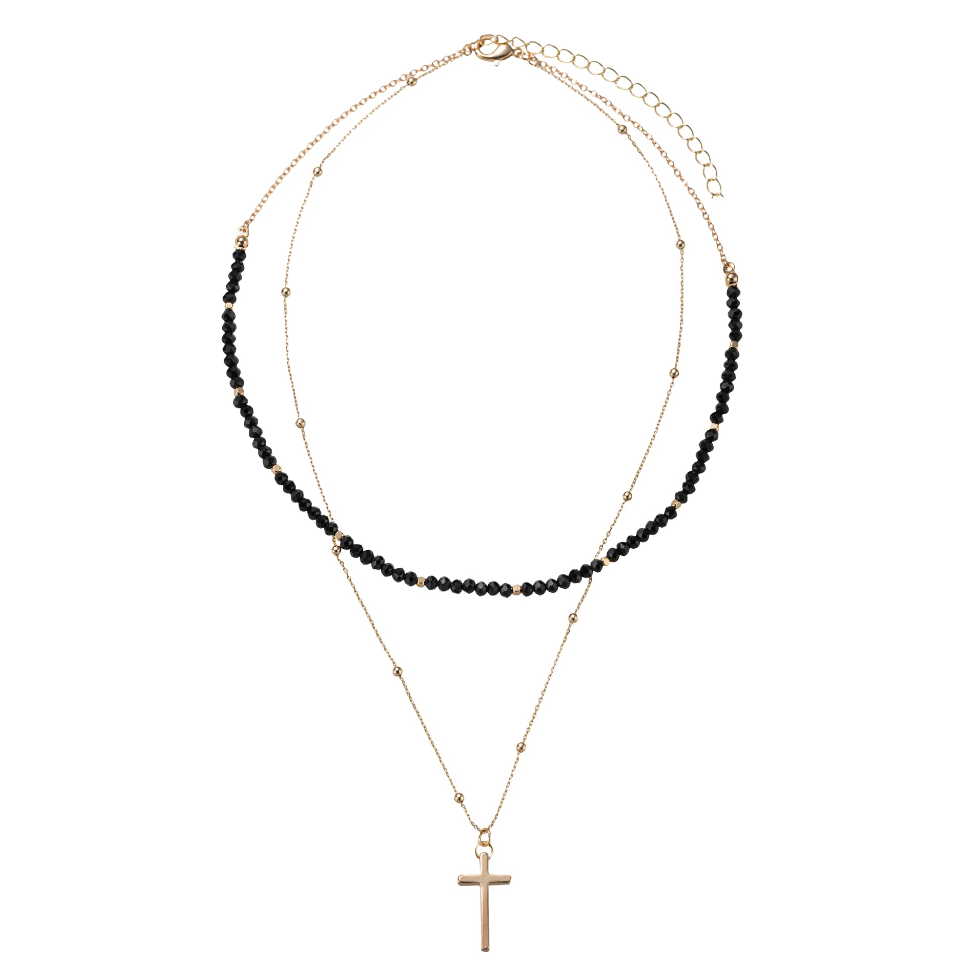 Jet, Gold Beaded 2 Layer Necklace with Gold Cross