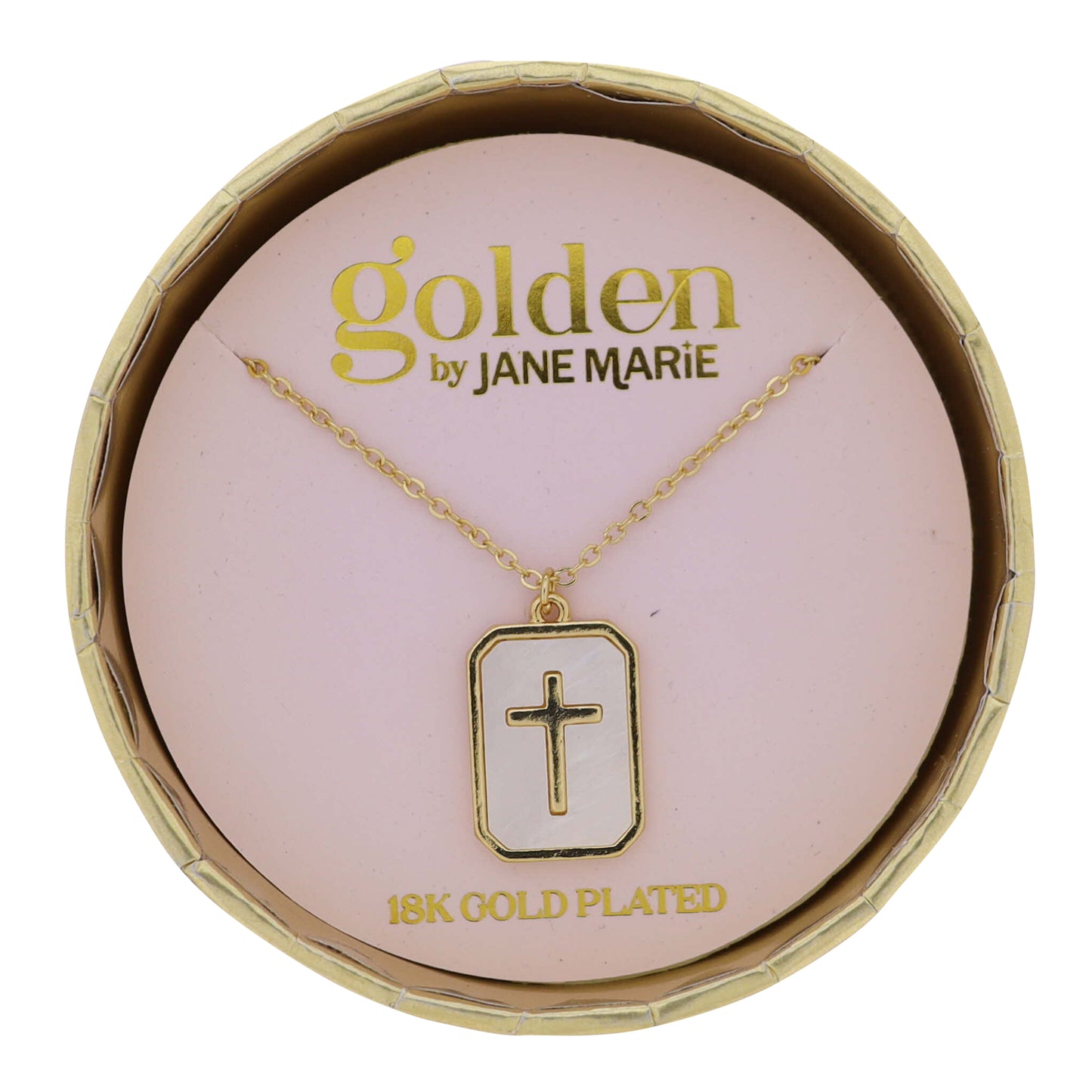 18K Gold Plated Cable Chain Necklace with White Shell Rectangle with Cross