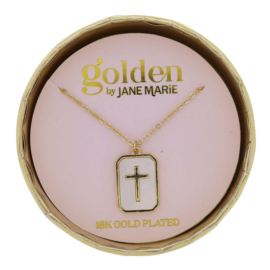 18K Gold Plated Cable Chain Necklace with White Shell Rectangle with Cross