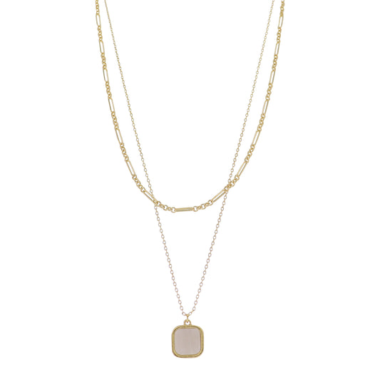 18K Gold Plated 2 Layer Oval, Round Link, Cable Chain Necklace with White Sqaure Stone