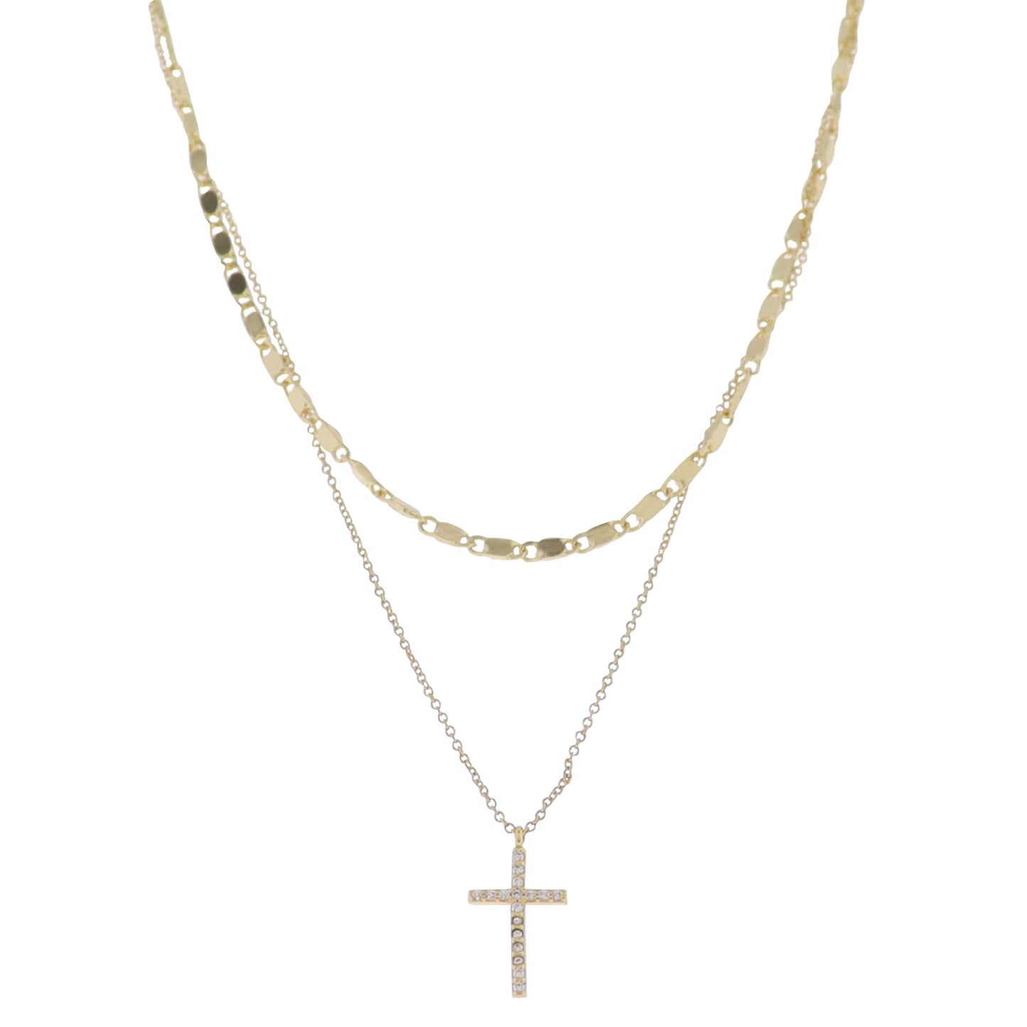 18K Gold Plated 2 Layer Flat Handmade & Rolo Chain Necklace with Clear Crystal Cross