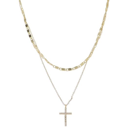 18K Gold Plated 2 Layer Flat Handmade & Rolo Chain Necklace with Clear Crystal Cross