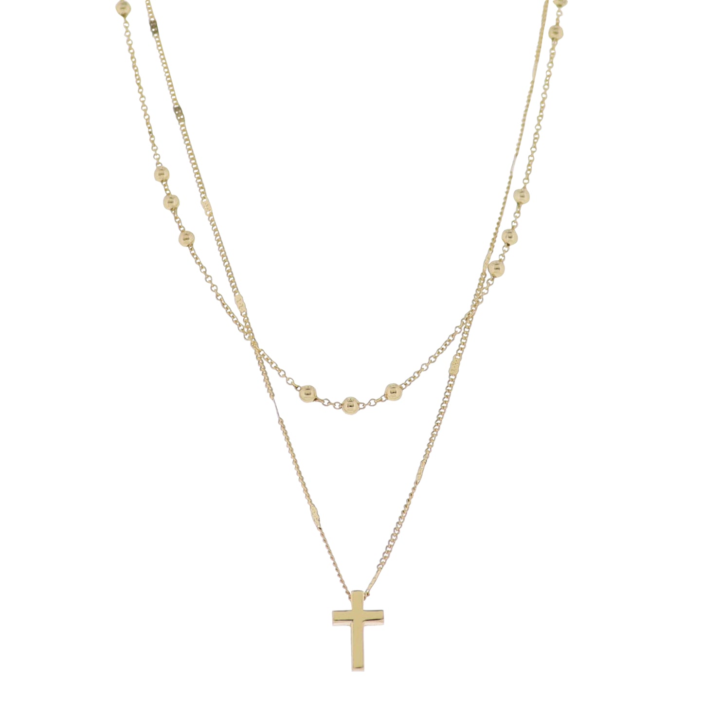 18K Gold Plated 2 Layer Flat Handmade & Ball Chain Necklace with Gold Cross