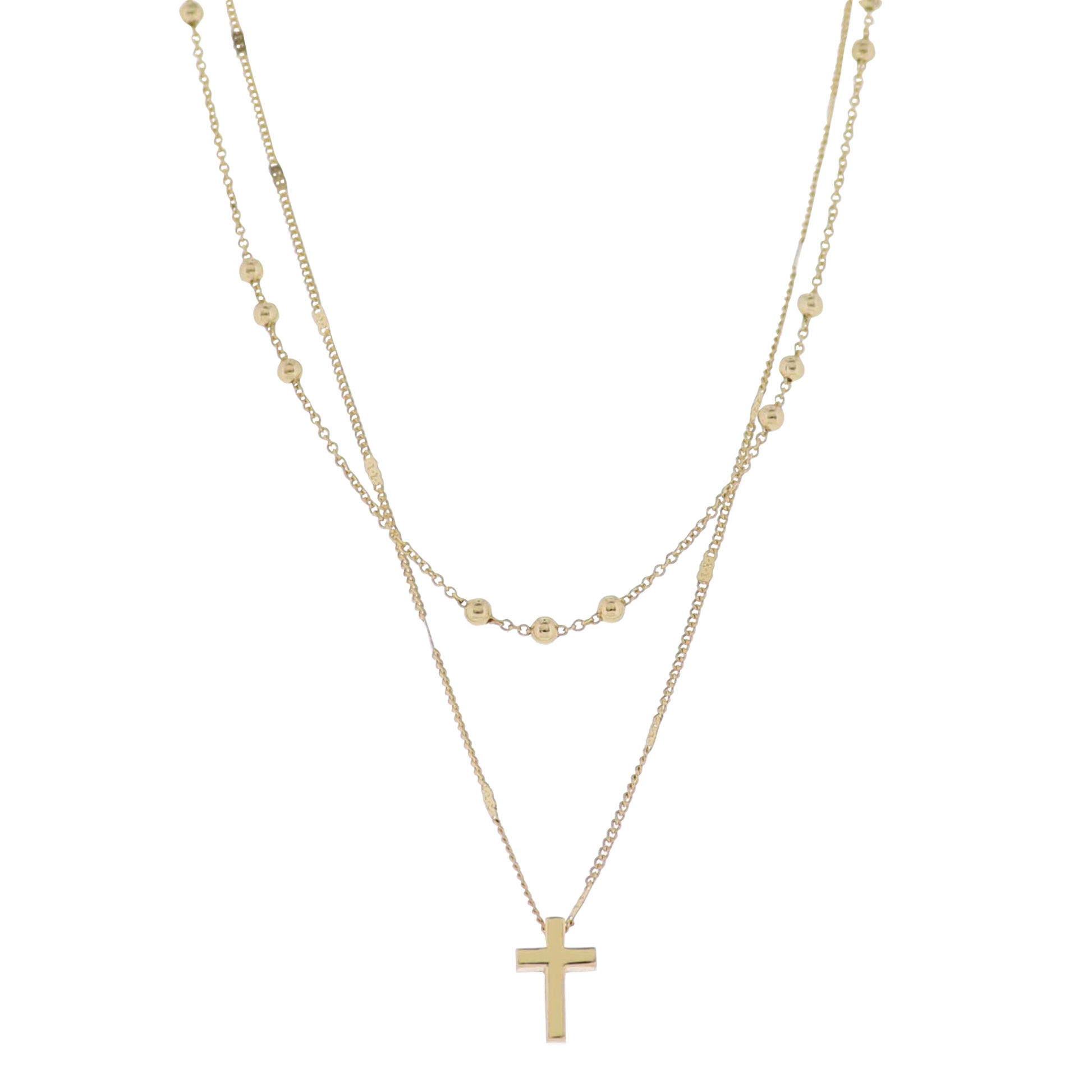 18K Gold Plated 2 Layer Flat Handmade & Ball Chain Necklace with Gold Cross