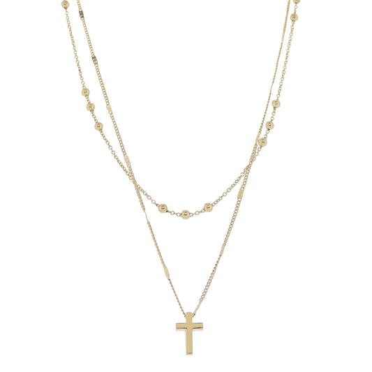 18K Gold Plated 2 Layer Flat Handmade & Ball Chain Necklace with Gold Cross