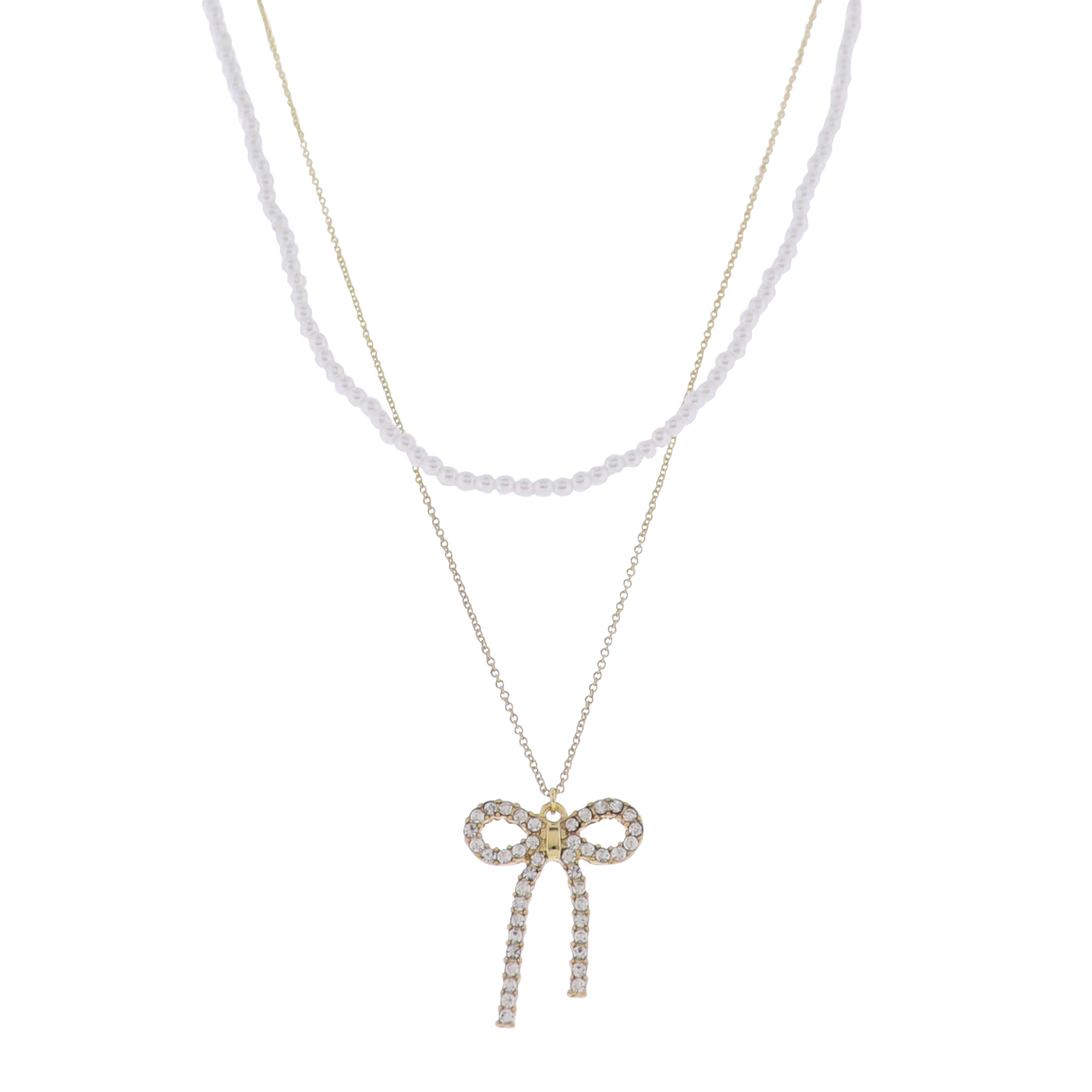 18K Gold Plated 2 Layer Pearl & O-Shape Chain Necklace with Clear Crystal Bow