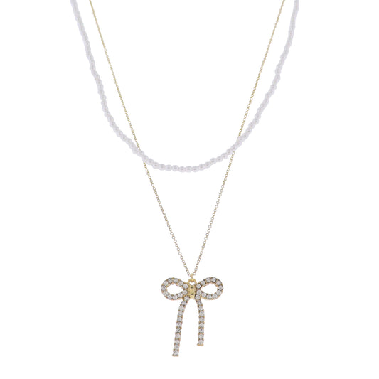 18K Gold Plated 2 Layer Pearl & O-Shape Chain Necklace with Clear Crystal Bow