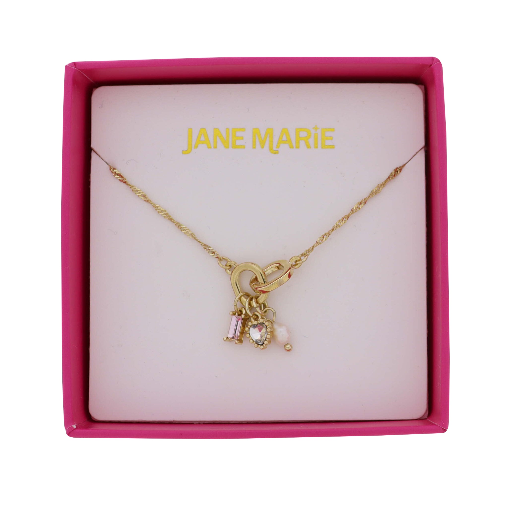 Gold Figaro Chain Necklace with Pink & Black Diamond Crystal, Heart, Pearl