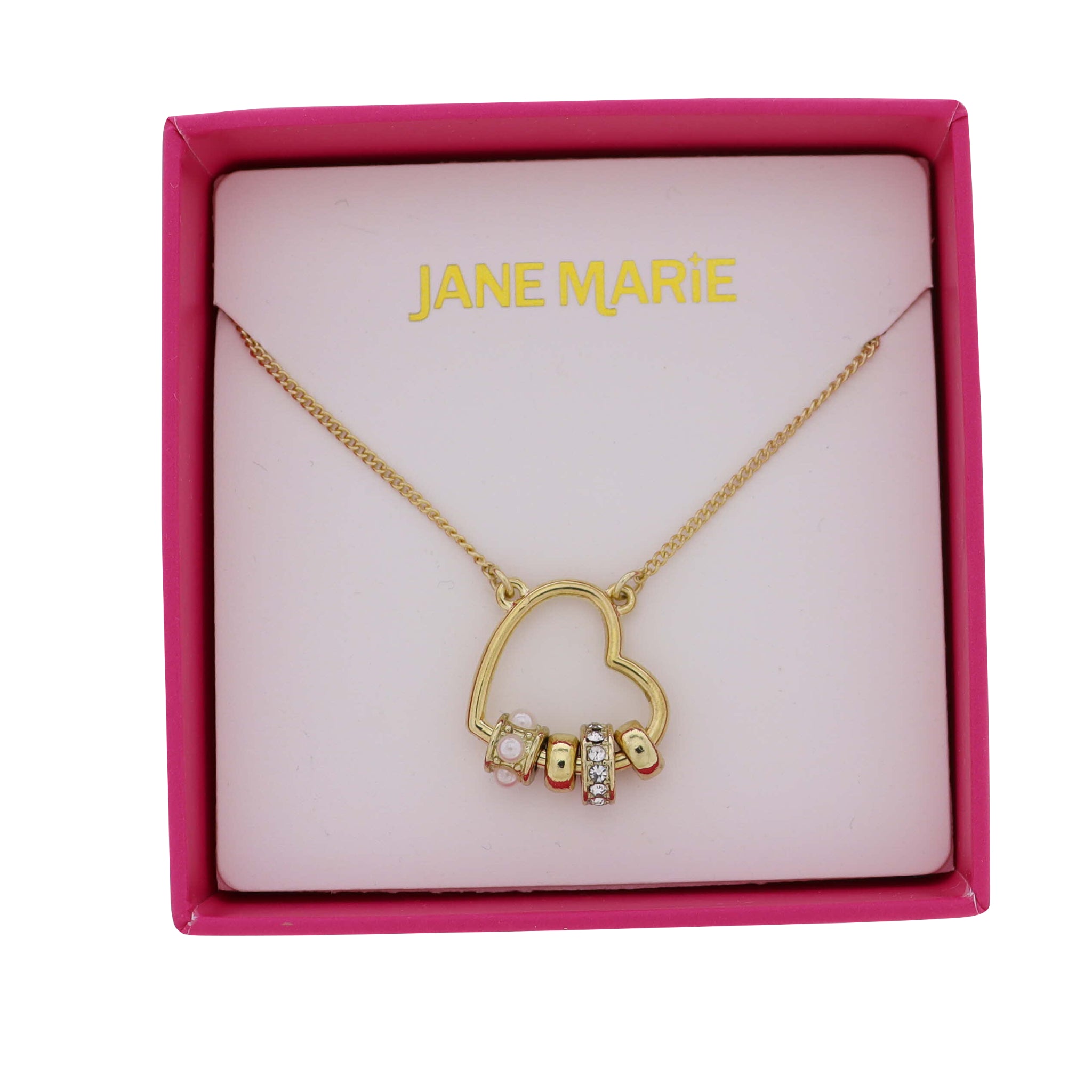 Gold Satellite Chain Necklace with Pearl & Clear Open Heart Rondelles