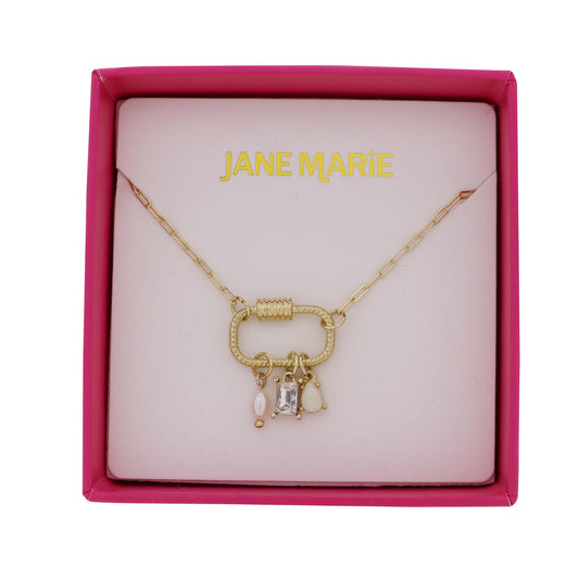 Gold Paperclip Chain Necklace with Carabiner with Pearl, Clear, Opal Charms