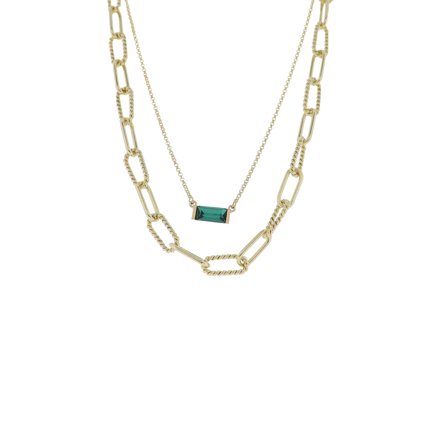 Gold 2 Layer Oval Link, Rolo Chain Necklace with Emerald Crystal Rectangle
