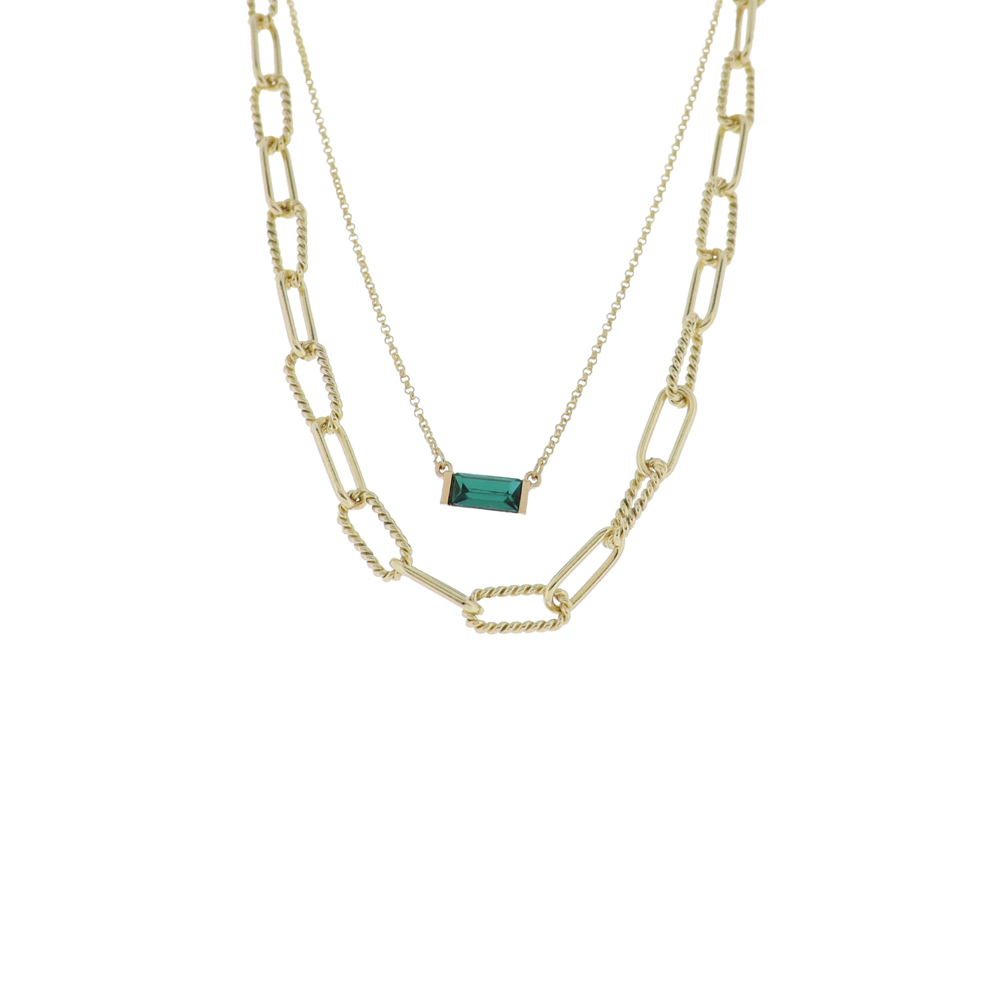 Gold 2 Layer Oval Link, Rolo Chain Necklace with Emerald Crystal Rectangle