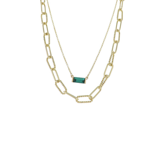 Gold 2 Layer Oval Link, Rolo Chain Necklace with Emerald Crystal Rectangle