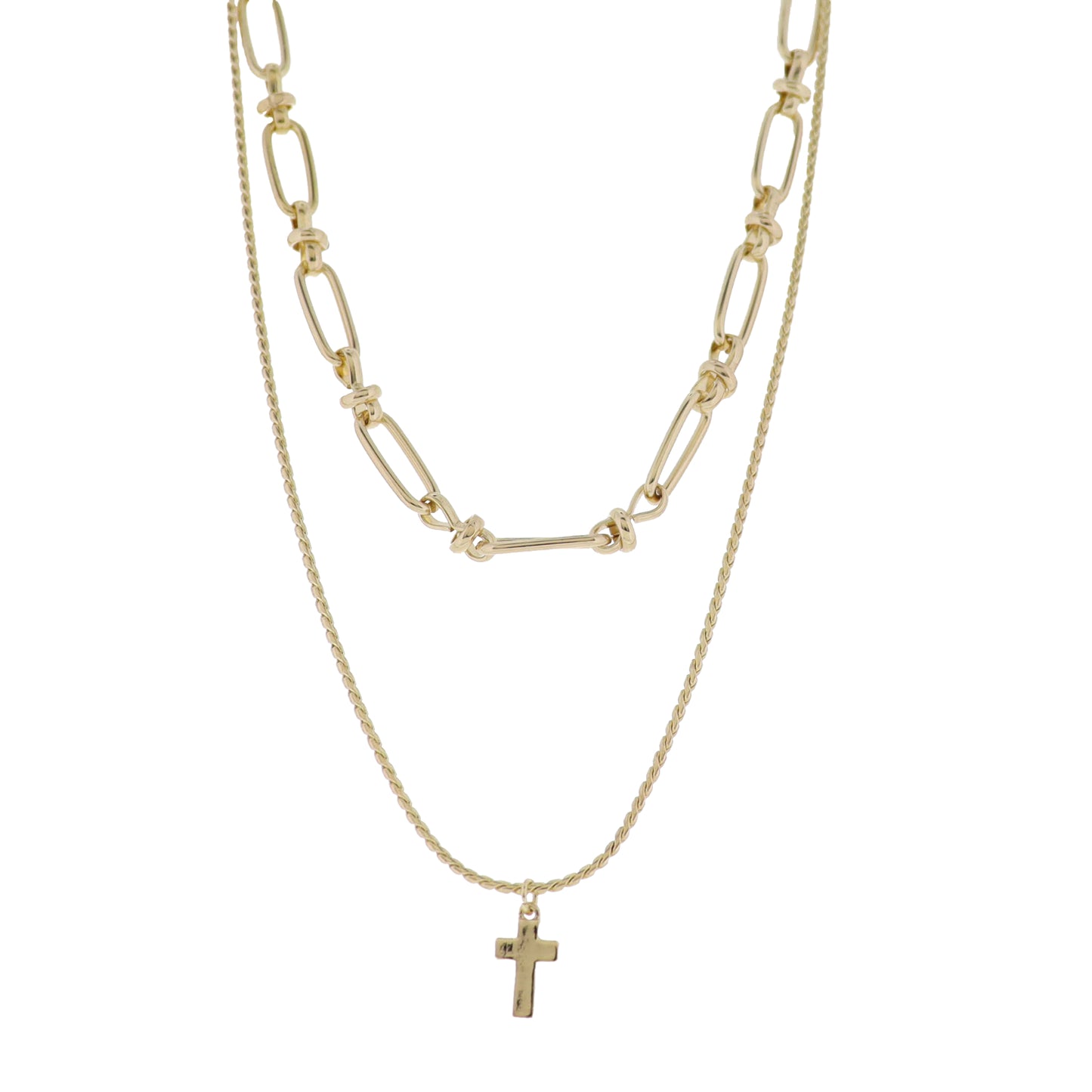 Gold 2 Layer Link, Twisted Chain Chain Necklace with Gold Cross