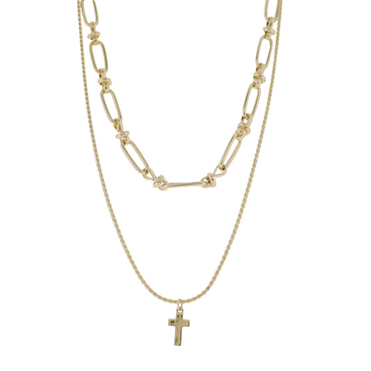 Gold 2 Layer Link, Twisted Chain Chain Necklace with Gold Cross