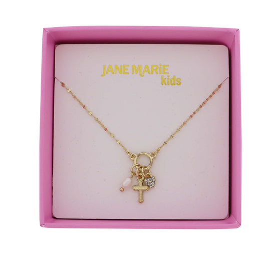 Kids Gold Handmade Chain Necklace with Gold, Clear Pearl, Cross, Heart