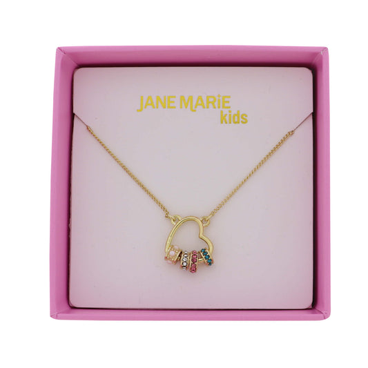 Kids Gold Satellite Chain Necklace with Open Heart Pearl, Clear, Pink, Blue Rondelles