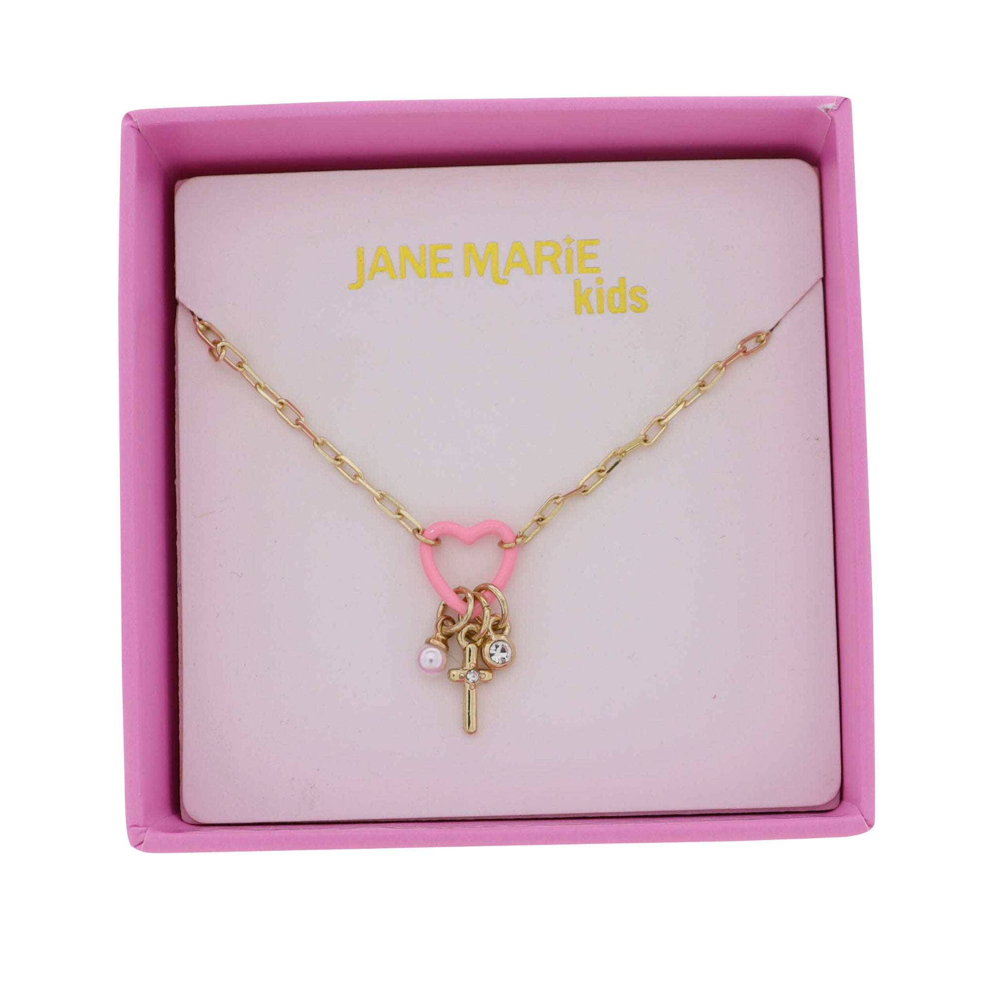 Kids Gold Cable Chain Necklace with Pink Heart Clear Cross, Circle, Pearl