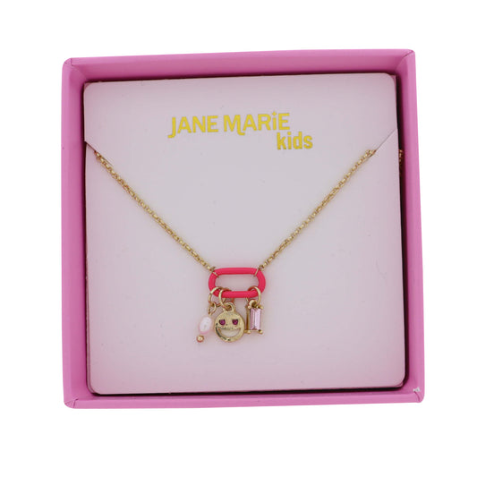 Kids Gold Rolo Chain Necklace with Hot Pink Oval Smiley Face, Crystal, Pearl