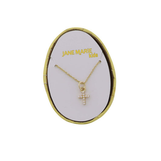 Kids Pearl Cross on Gold Rolo Chain Necklace