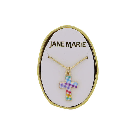 Multi Plaid Cross on Gold Box Chain Necklace