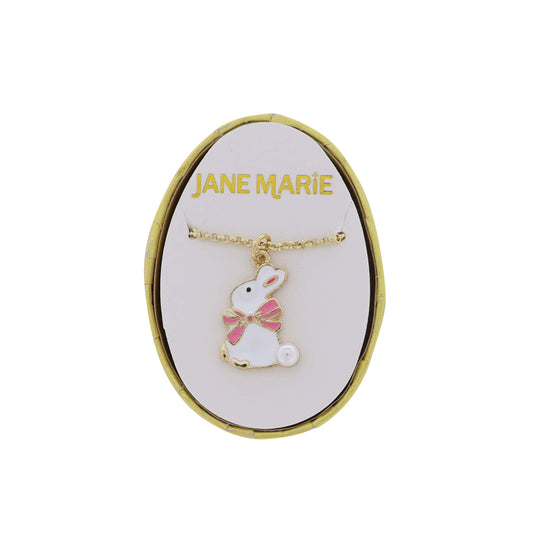 White Bunny with Bow and Pearl Tail on Gold Rolo Chain Necklace