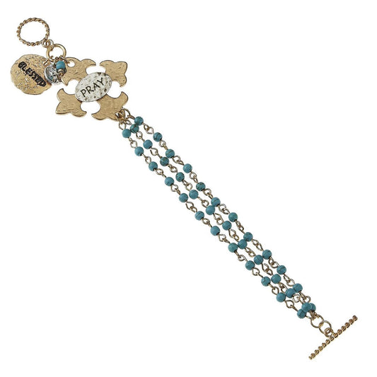 Cross Cluster 3 Row Linked Turquoise "Pray" Bracelet