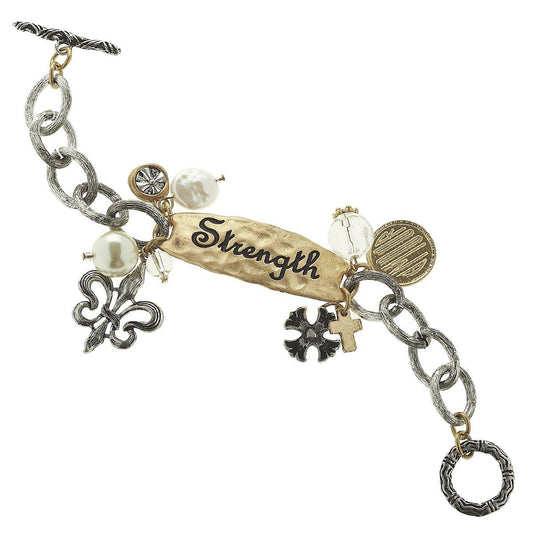 Antique Gold/Silver Phrase "Strength" Plate Toggle Bracelet