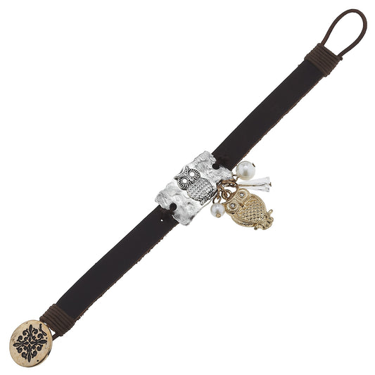 Leather Owl Plate Toggle Bracelet