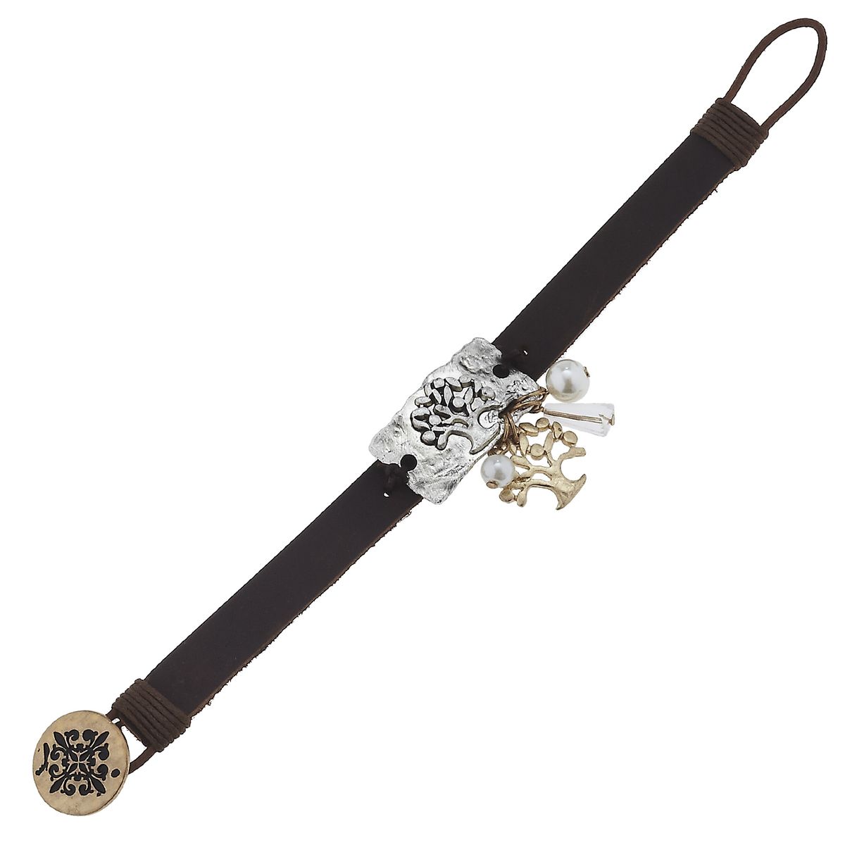 Leather Tree Of Life Plate Toggle Bracelet