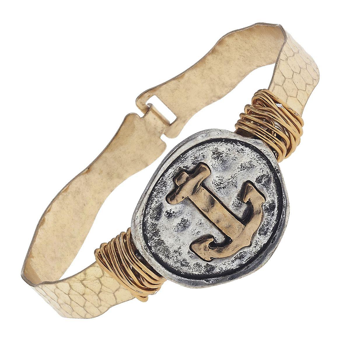 2-Tone Casting Anchor on Antique Gold Wavy Latch Bracelet