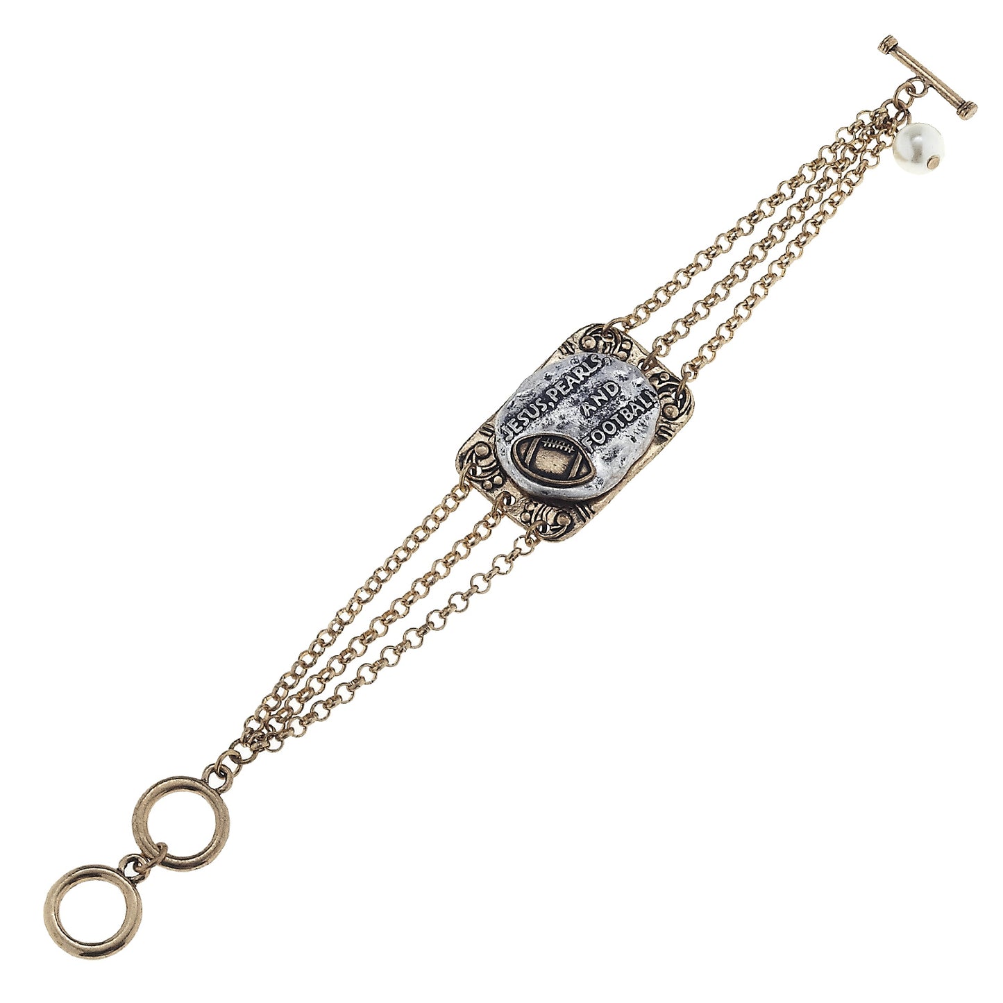 2-Tone "Jesus, Pearls, and Football" Phrase Plate Toggle Bracelet