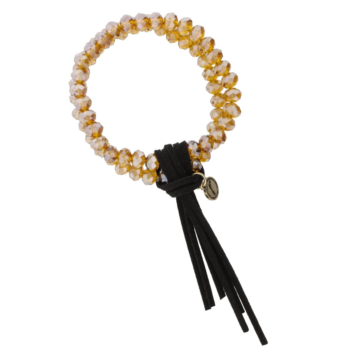 Double Strand Champagne Beaded Stretch Bracelet with Black Leather Tassel