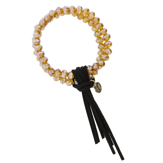 Double Strand Champagne Beaded Stretch Bracelet with Black Leather Tassel