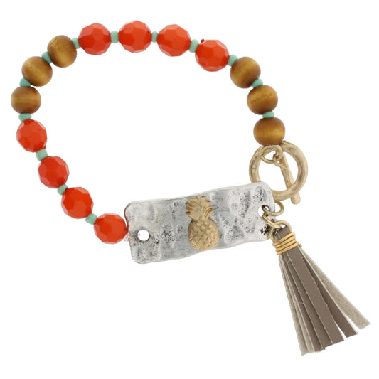 Multi Color Beaded Toggle Tassel Bracelet with 2-Tone Pineapple Plate