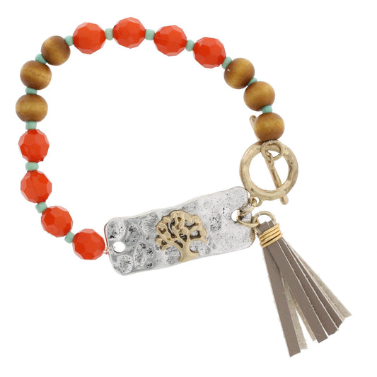 Multi Color Beaded Toggle Tassel Bracelet with 2-Tone Tree Plate