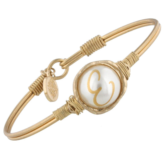 Gold Wire Wrapped Latch Bracelet with Pearl E Initial
