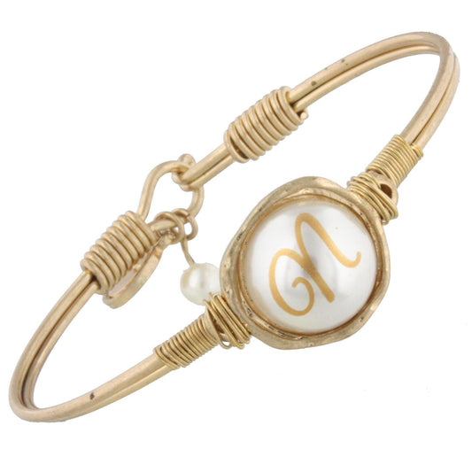 Gold Wire Wrapped Latch Bracelet with Pearl N Initial