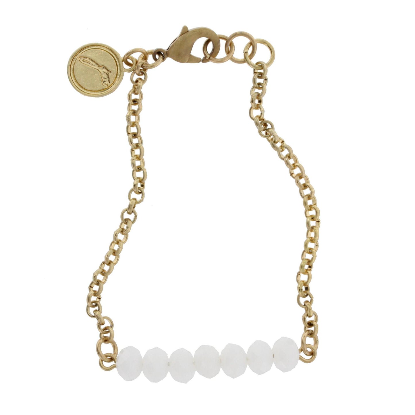 Gold Linked Bracelet with Faceted Opaque White Rondelles