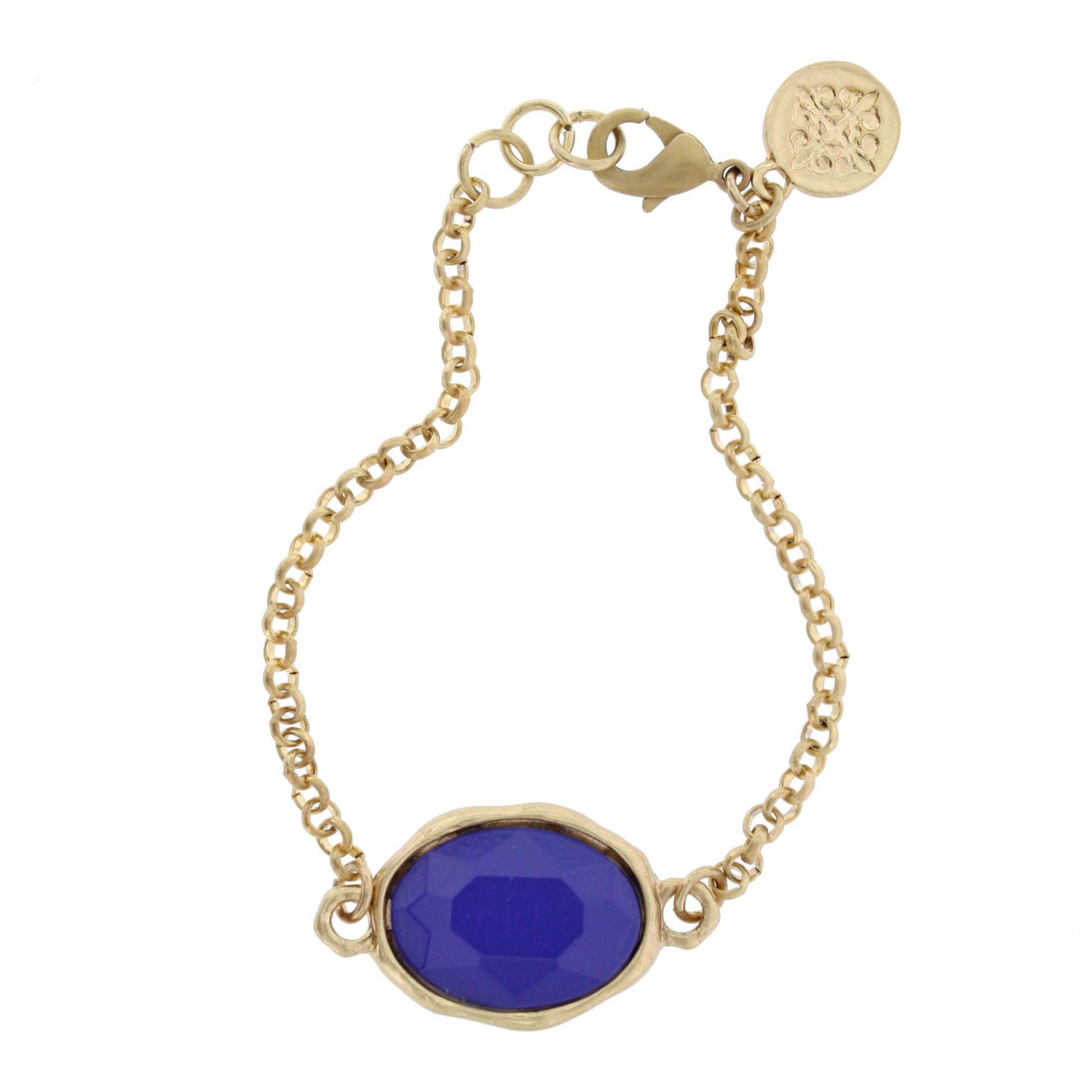 Gold Linked Bracelet with Faceted Navy Glass Oval