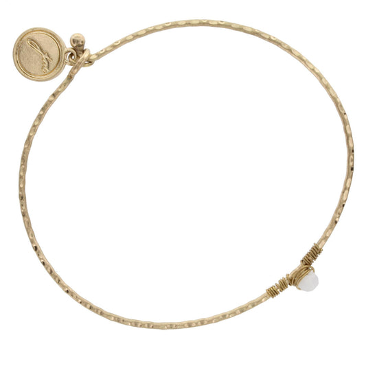 Antique Gold Bangle Bracelet with Opaque White Wire Wrapped Stone