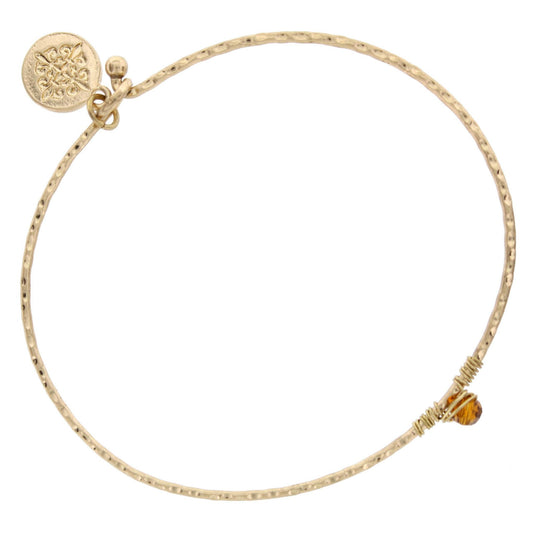 Worn Gold Bangle with Dark Brown Wire Wrapped Stone