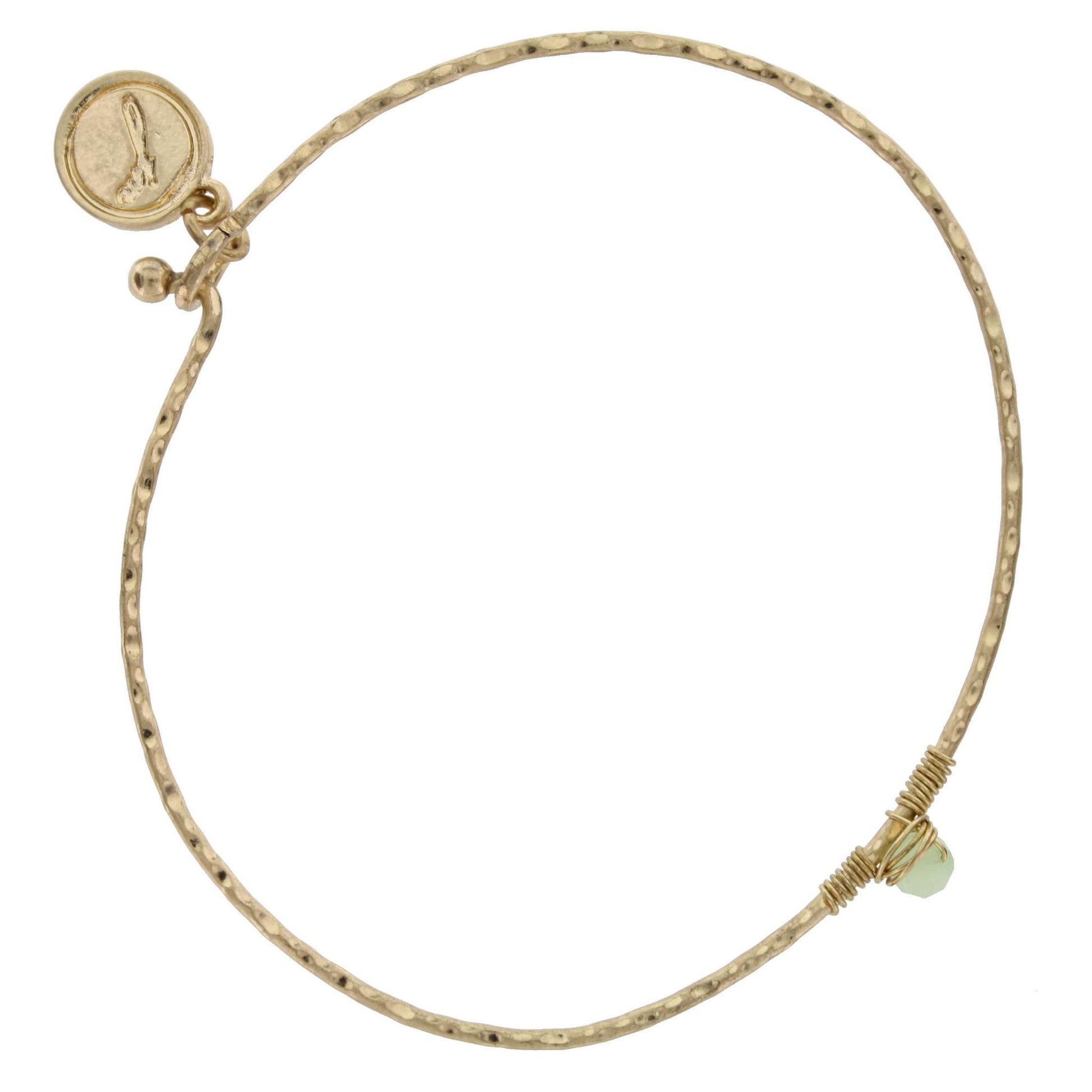 Antique Gold Bangle Bracelet with Light Green Wire Wrapped Stone
