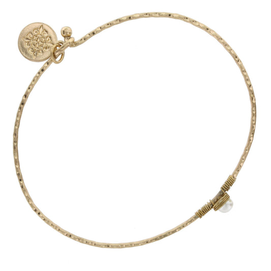 Antique Gold Bangle Bracelet with Ivory Wire Wrapped Stone