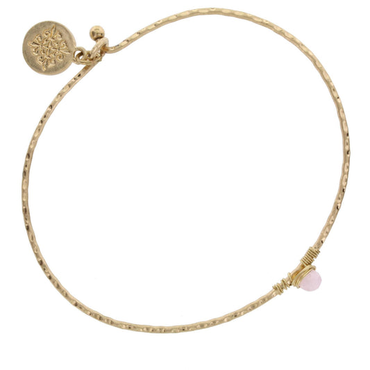 Antique Gold Bangle Bracelet with Light Pink Wire Wrapped Stone
