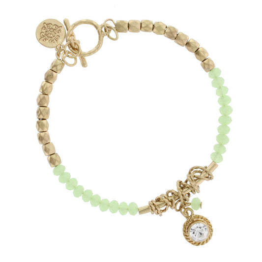 Antique Gold and Light Green Beaded Toggle Bracelet with Rhinestone Pendant