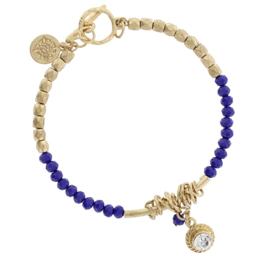 Antique Gold and Navy Beaded Toggle Bracelet with Rhinestone Pendant
