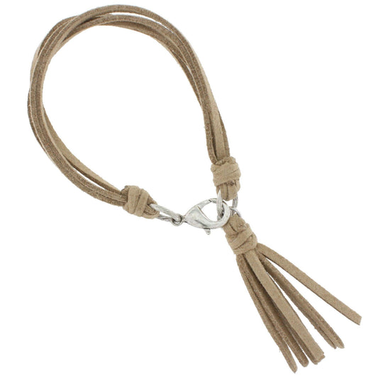 Beige Leather Multi Strand Bracelet with Tassel Accent