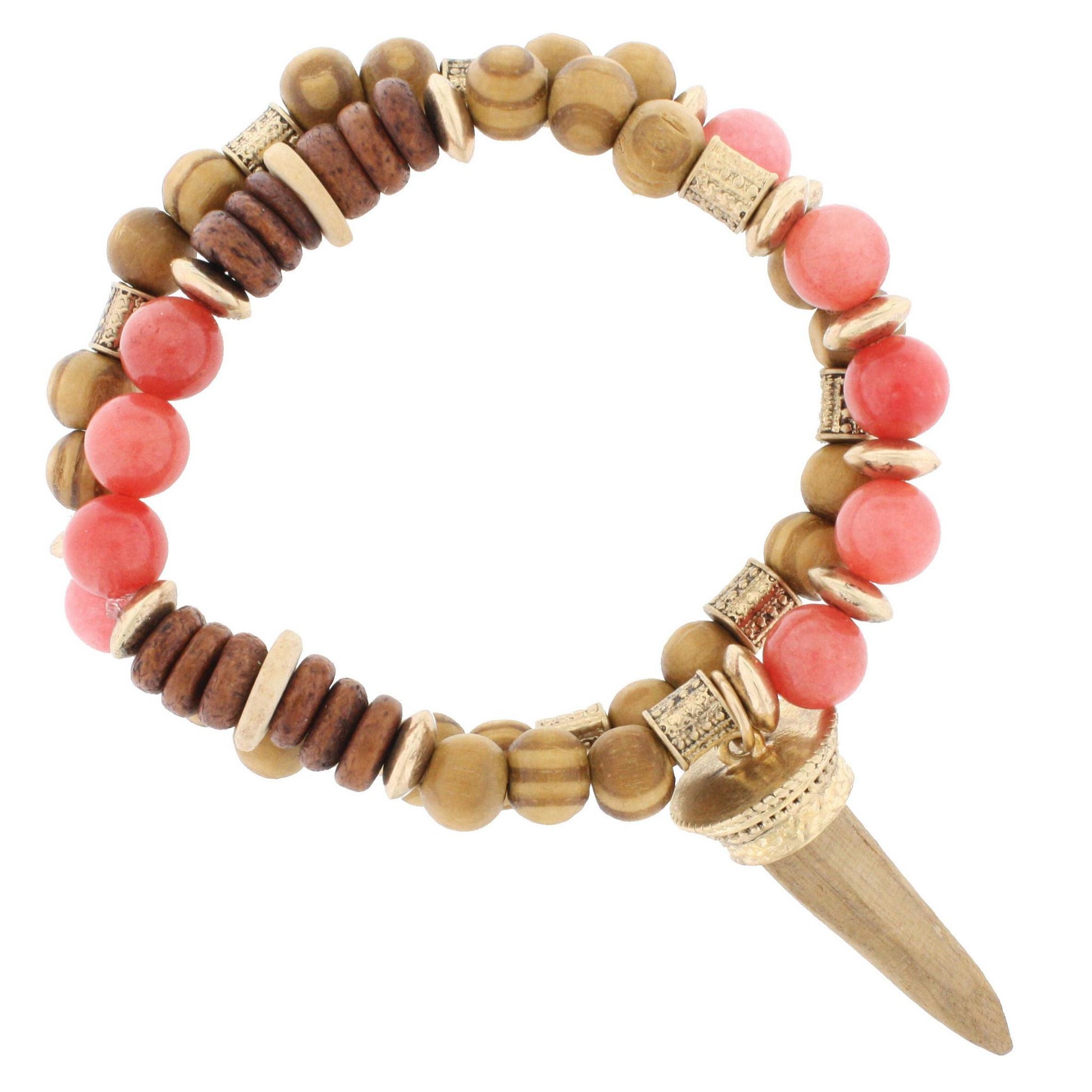 Wood and Pink Beaded Stretch Bracelet with Wooden Horn