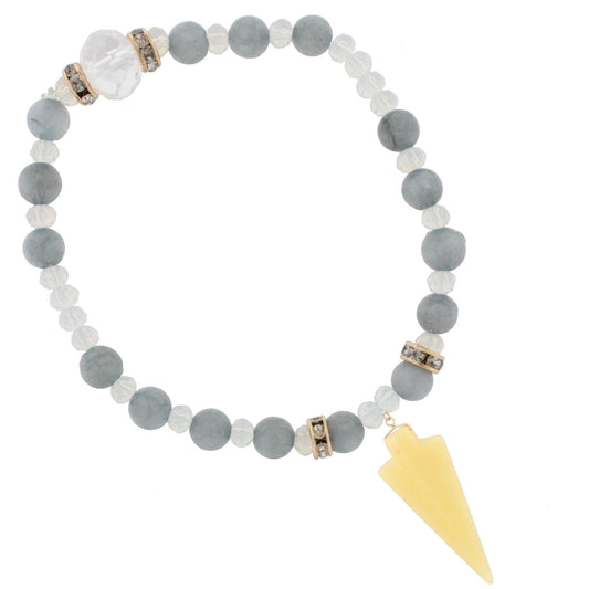 Grey Stone Beaded Stretch Bracelet with Opaque Yellow Arrowhead Accent